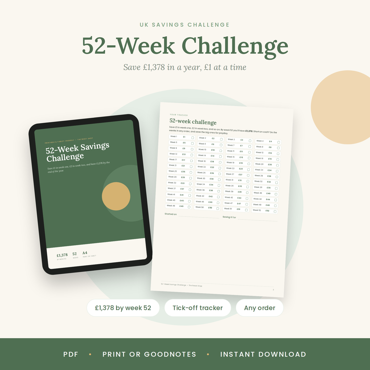 52-Week Savings Challenge | Printable UK Savings Tracker, Save £1,378